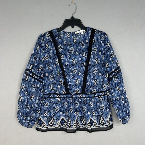 Veronica Beard Blouse Womens 8 Blue Silk Cabo Boho Top Peplum Lace Luxury - Picture 1 of 15